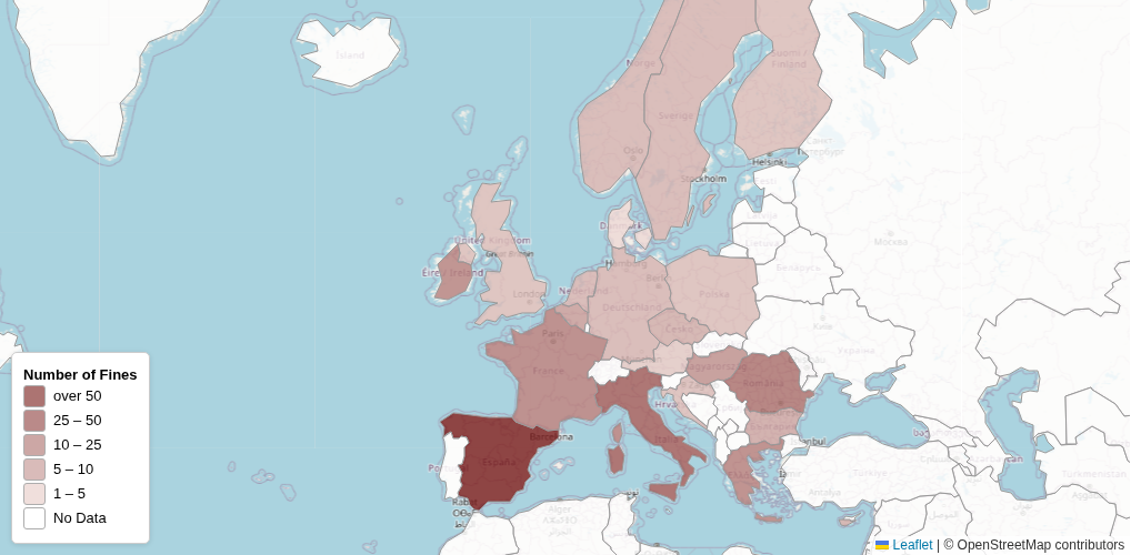 Heatmap of GDPR Fines in Media, Telecoms and Broadcasting by Number