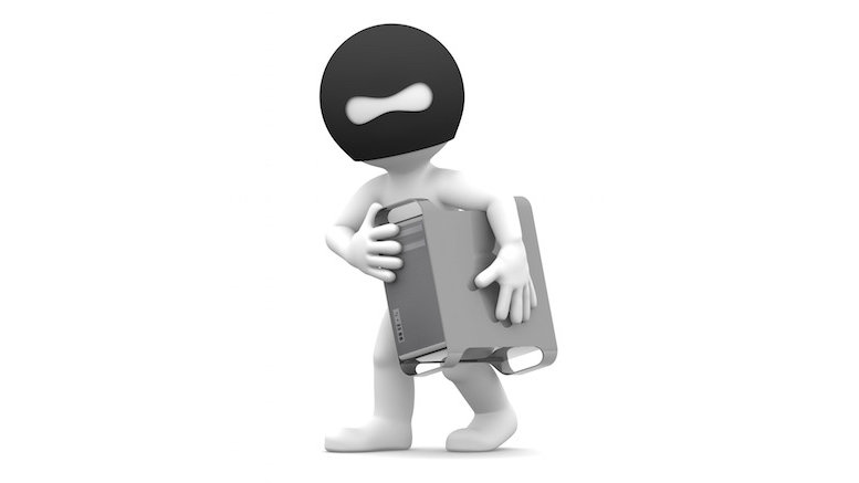 Thief stealing computer tower. Isolated on white background