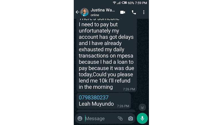 scam message sent fro justina wamae account