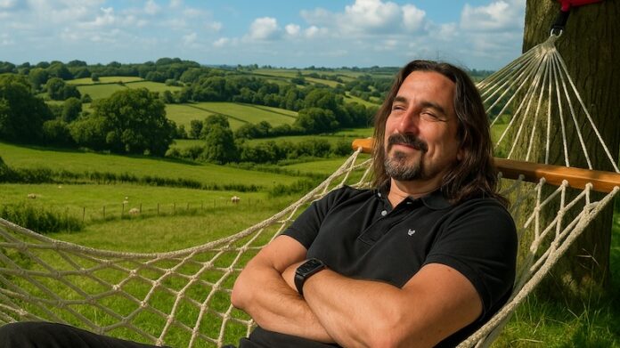 AI-representation-of-Eric-Priezkalns-in-a-hammock-in-the-English-countryside