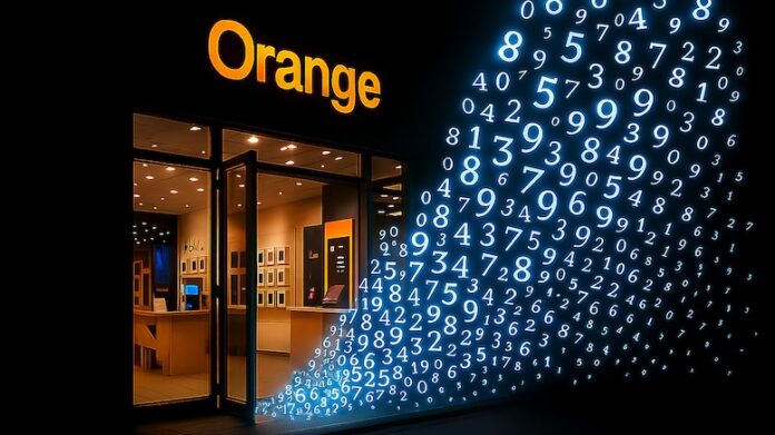 data-breach-blue-numbers-fly-from-door-of-Orange-store