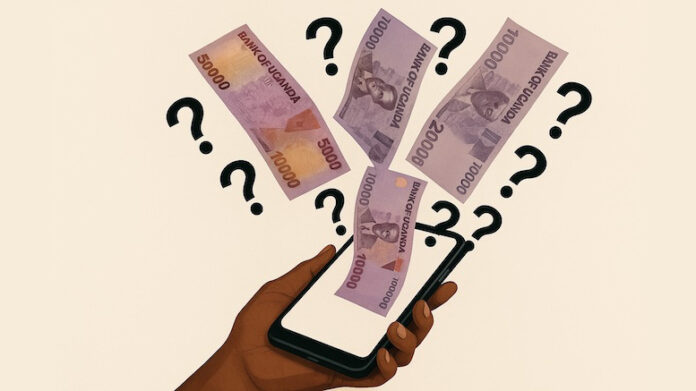 mobile-money-Ugandan-banknotes-and-question-marks-emanate-from-mobile-phone