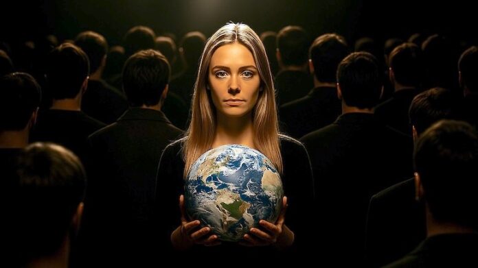 woman-holds-globe-world-planet-earth-in-dark-crowd