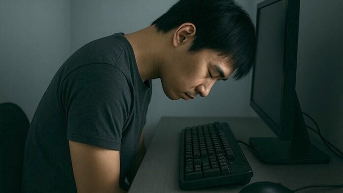 Korean-man-at-computer-screen-unhappy-depressed-