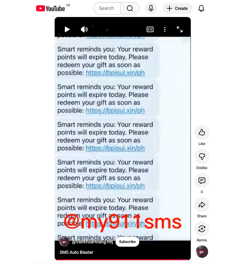 YouTube SMS Blaster Ad Displays Scam Messages That Impersonate Telcos
